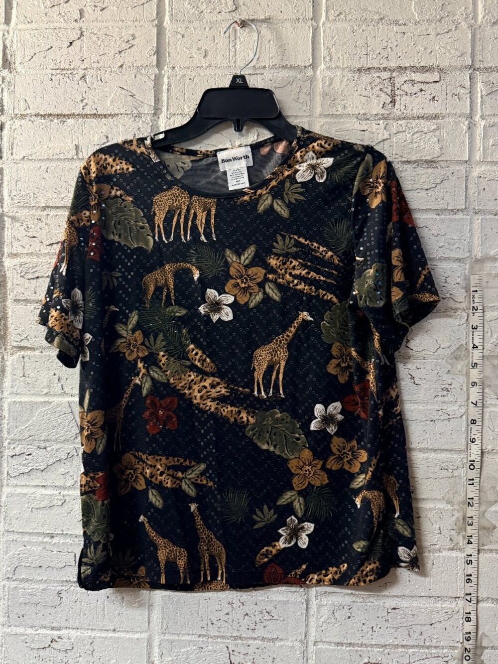 BonWorth Petite Safari Animal Print Top Giraffe Leopard Rhinestone Accent Shirt
